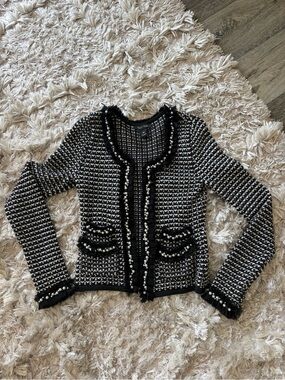 White House Black Market Black & White Pearl-Trim Tweed Cardigan
